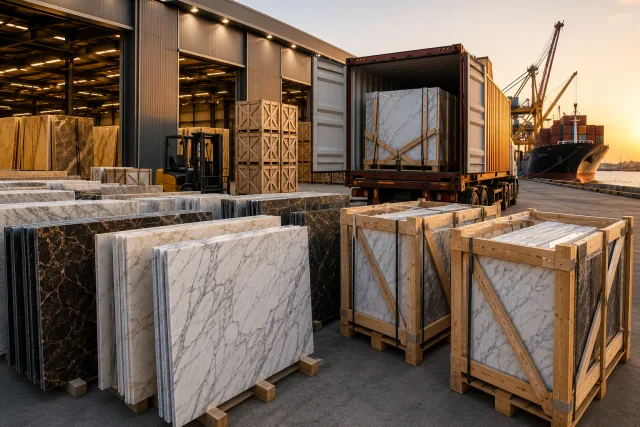 Crated slabs packed for export beside a shipping container